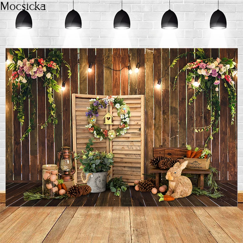 

Mocsicka Easter Photography Background Spring Wreath Wooden Door Bunny Decoration Props Child Portrait Photo Backdrop Banner