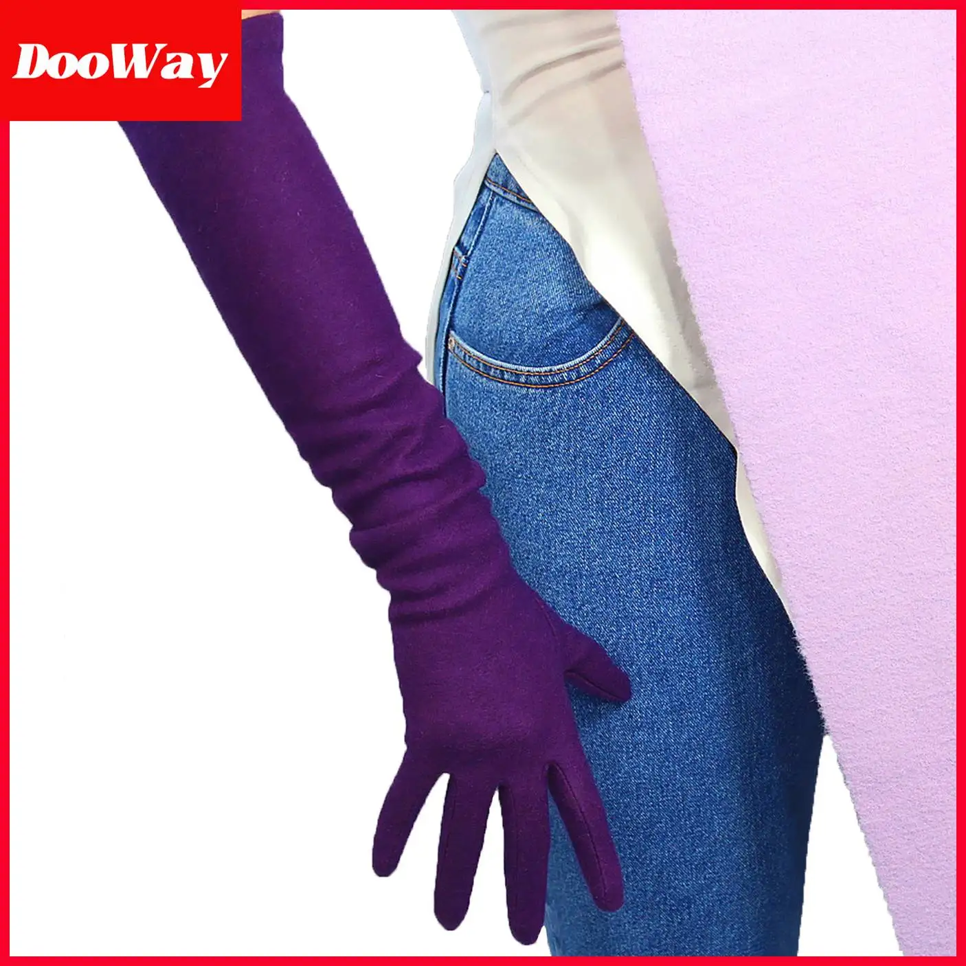 DooWay Women Dark Purple Wool Cashmere Warm Long Gloves Fashion Elastic 50cm Elbow Winter Warm Opera Dressing Long Finger Gloves