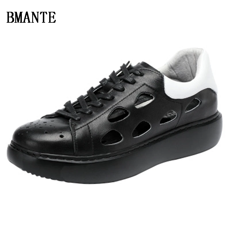 Bmante Genuine Leather Men Women Shoes Matte Hole Hollow Thick Bottom Lace-up Sponge Shoes Trainers Gothic Owen Male Sneakers