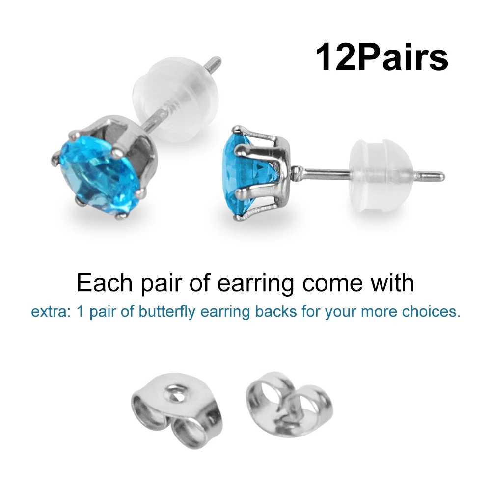 12 Pairs 316L Stainless Surgical Steel Stud Earring Sets Cubic Zirconia Birthstone CZ Stud Earrings for Women Girls 3 4 5 6mm