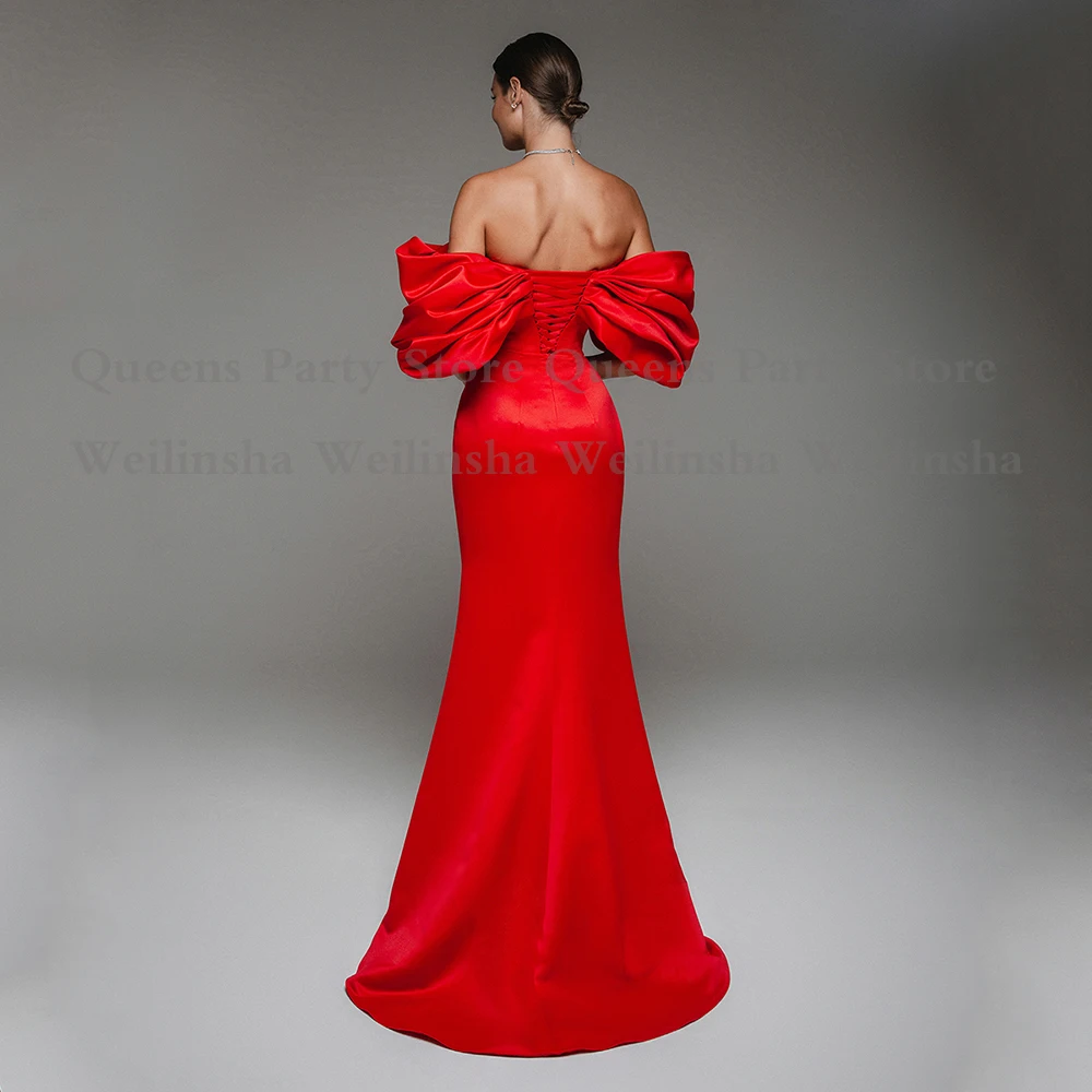 Red Mermaid Prom Dresses Customized Off Shoulder Ruched Pleat Satin Party Gowns Sweep Train Front Slit Arabian Evening Dress