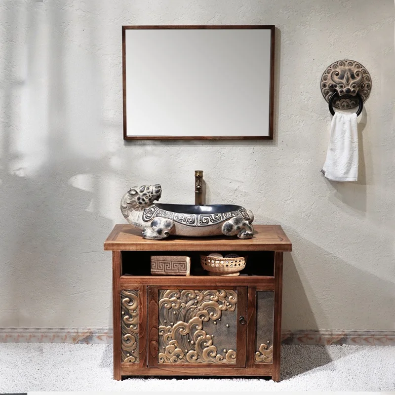 

In Chinese Antique Bathroom Cabinet Combination Hotel Homestay Villa Table Basin Solid Wood Floor Cabinet Style Art Washbasin