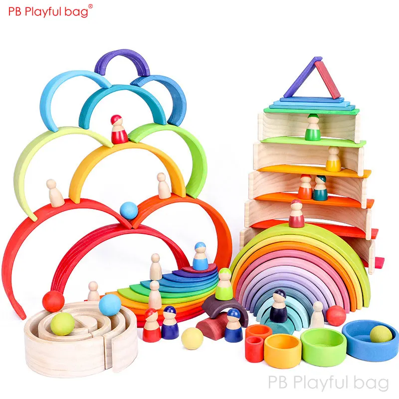 Playful bag 35CM Large Rainbow Building Block Multi Shape Rainbow blocks Wooden Toys for Kids Colorful Education Toys AB42