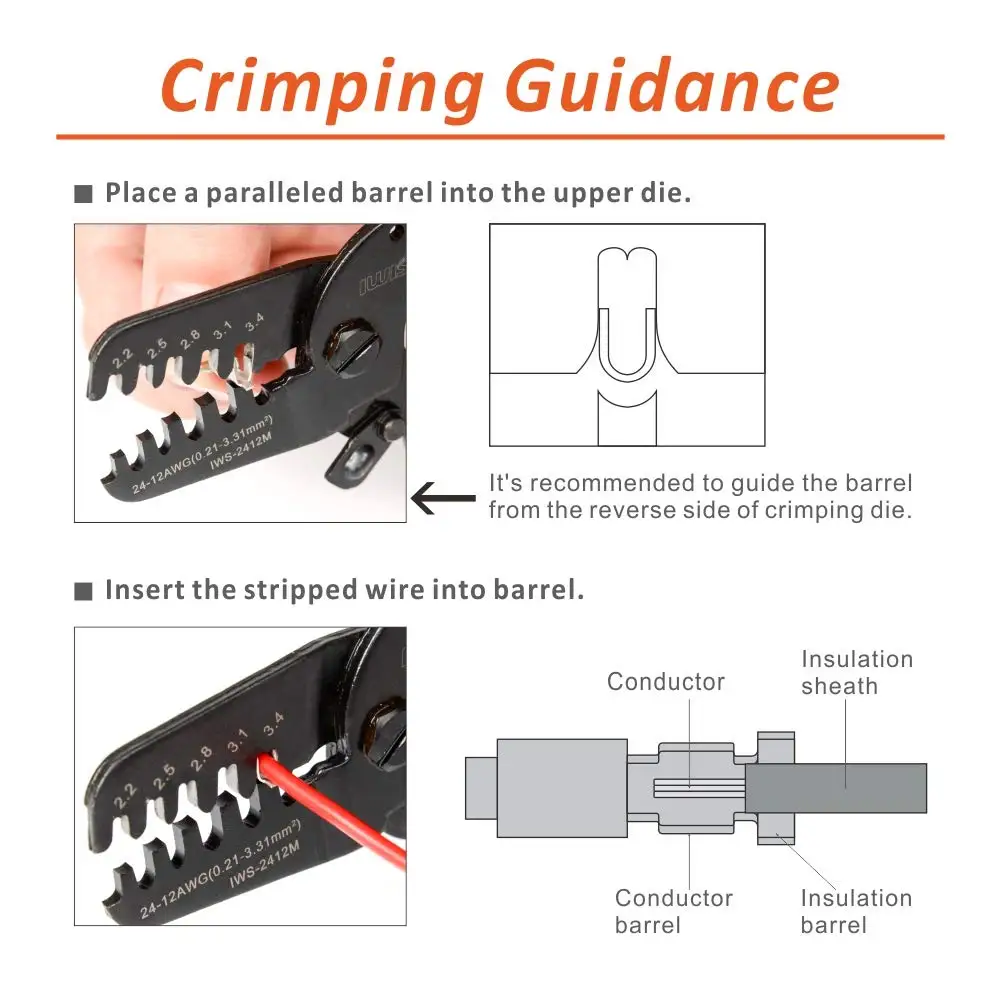 IWISS IWS-2412 Open Barrel Crimping Plier Works on AWG24-12 JAM, Molex, Tyco, JST Terminals With 1000PCS Connectors Tool Kit