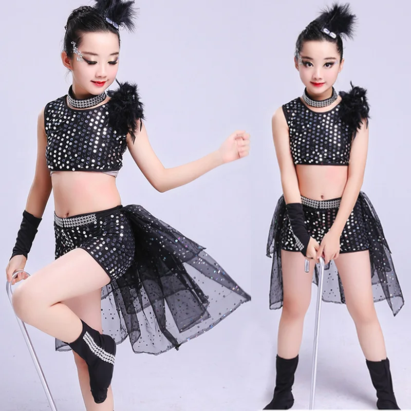 Girl Jazz Dance For Girls Jazz Dance Costumes for Kids Hip Hop Dancing Child Sequins Stage Performance Black Hip Hop Costumes