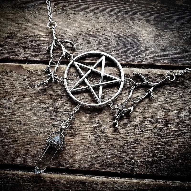 punk Pagan Inspired Pentagram and Quartz Branches Necklace Gothic Witch Jewelry Goth Statement pendant Magic Wiccan Gift Women