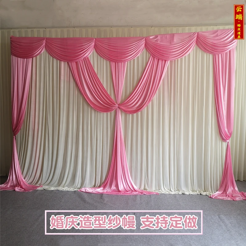 3X6M white and pink wedding backdrop curtain with swag for stage background ice silk curtain drapes panels for event party