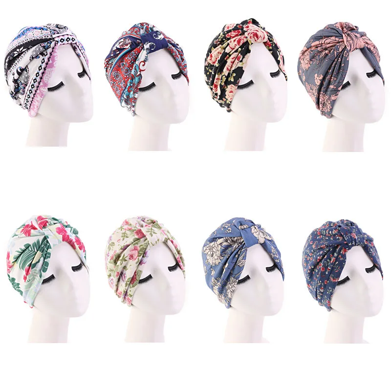 

Fashion printing ladies Turban bonnet soft cotton arab wraps top Knot hijab caps women head scarf ready to wear ladies turbante