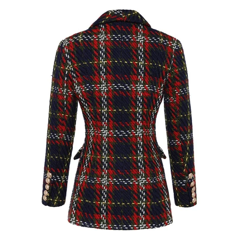 Quality High Women Colorful Checkered Jacket Double Breasted Turn Down Collar Outerwear Coat Slim Fit Tweed Jacket Plaid Coat