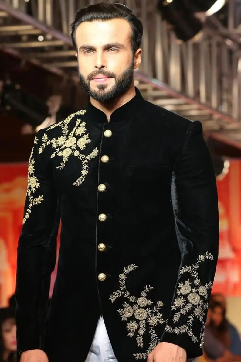 Manteau à simple boutonnage pour hommes noirs, manteau sur mesure, coupe couvertes, luxe, or trempé, perles appliquées