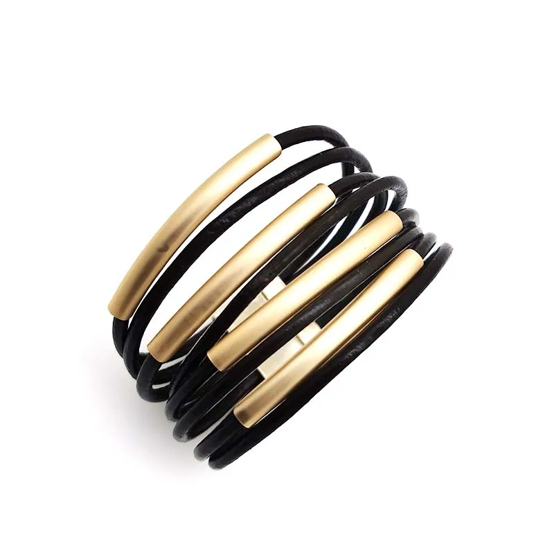 TOTABC Fashion Punk Pattern Leather Bracelets for Women Trendy Metal Pipe Wide Multilayer Wrap Bracelet Female Femme Jewelry