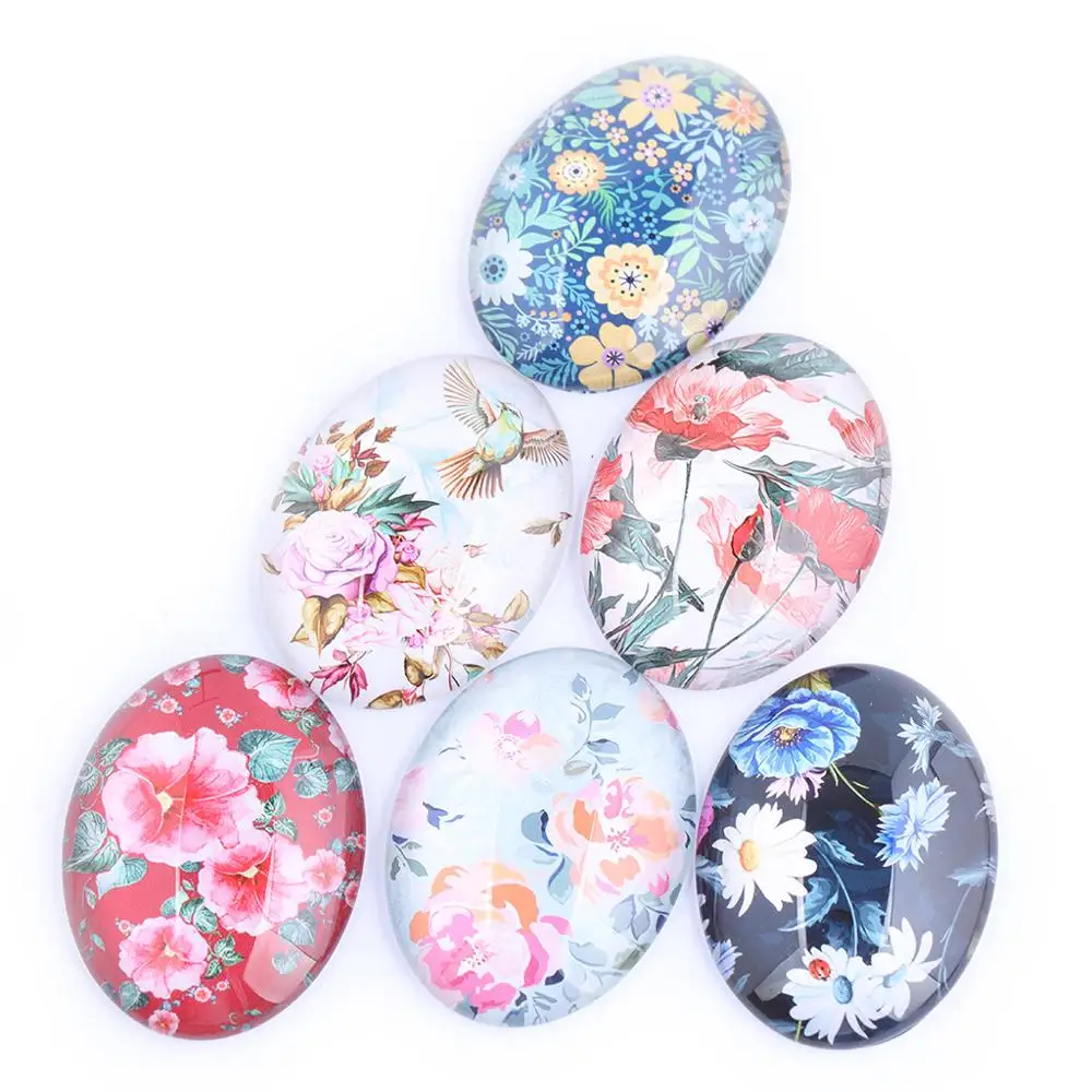 Reidgaller Mix Flower Bird Photo Oval Glass Cabochon 18x25mm 30x40mm 13x18mm Diy Flatback Handmade Jewelry Accessories