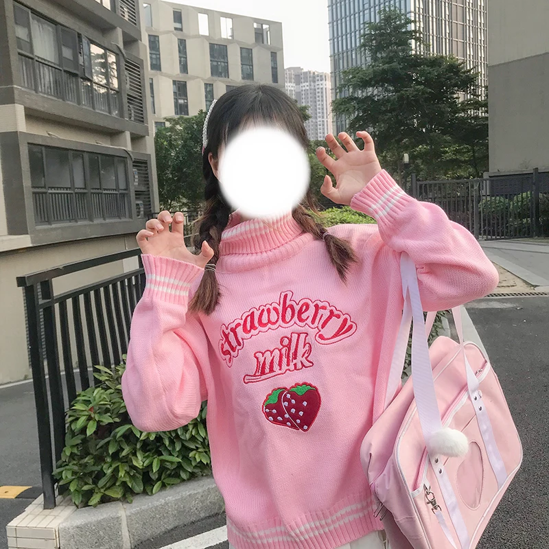 Women\'s Japanese Kawaii Ulzzang Cute Strawberry Loose Turtleneck Sweater Female Korean Harajuku Clothing For Women