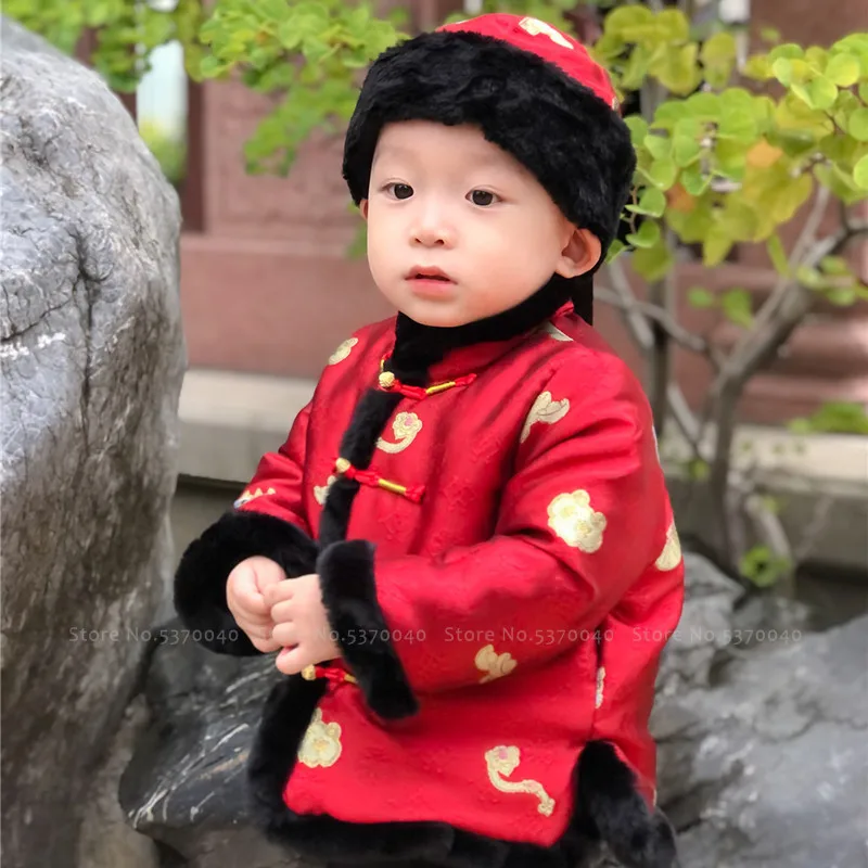 

Kids Chinese Traditional New Year Clothing Baby Boys Tang Suit Hanfu Red Tops Vest Oriental Retro Lion Embroidery Print Jackets