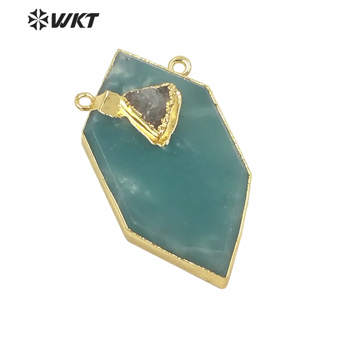 WT-P1243 Wholesale fashion jewelry natural stone pendant double loops terminal block pendant with gold plating six-sided