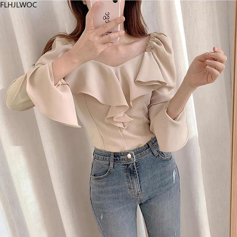 Xù Lông Cao Cấp Và Áo Thu Cơ Bản Đeo Tay Loe Sang Trọng Thời Trang Áo Sơ Mi Đen Trễ Vai Nữ Top Blusas