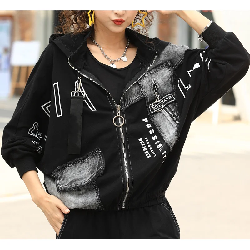 Masss Wasss New 2024 Spring Womens Hooded Design Loose Jackets Korean Style Female Letter Denim Punk Coat Gothic Casual Clothes