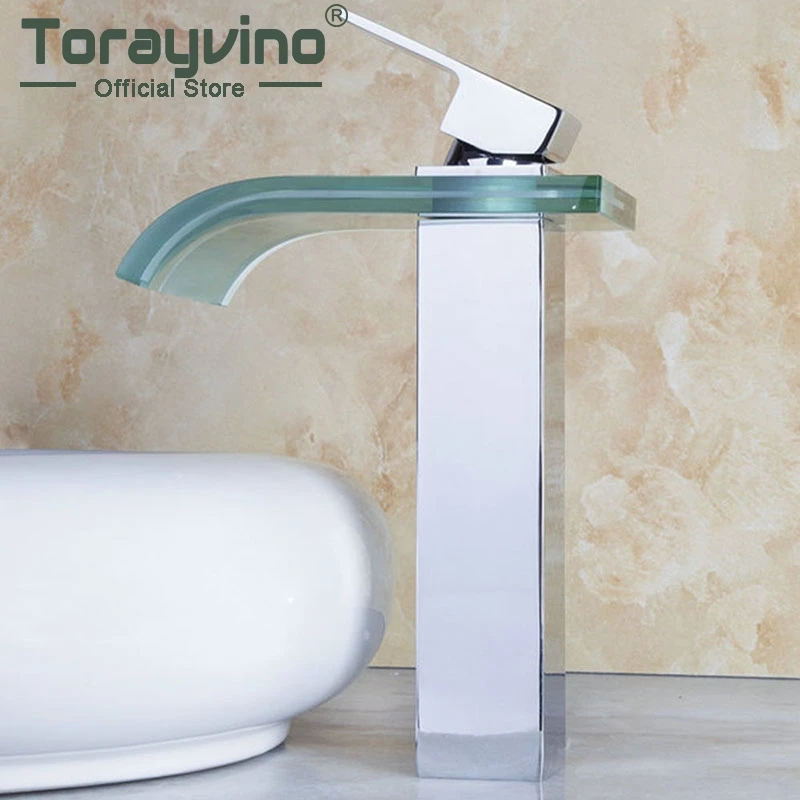 

Torayvino Luxury Waterfall Glass Chrome Polished Bathroom Faucet Deck Mounted Basin Sink Single Handle Faucets Mixer Water Tap