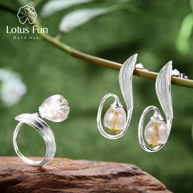 Lotus Fun Real 925 Sterling Silver Natural Crystal Handmade Fine Jewelry Lily of the Valley Flower Jewelry Set For Women