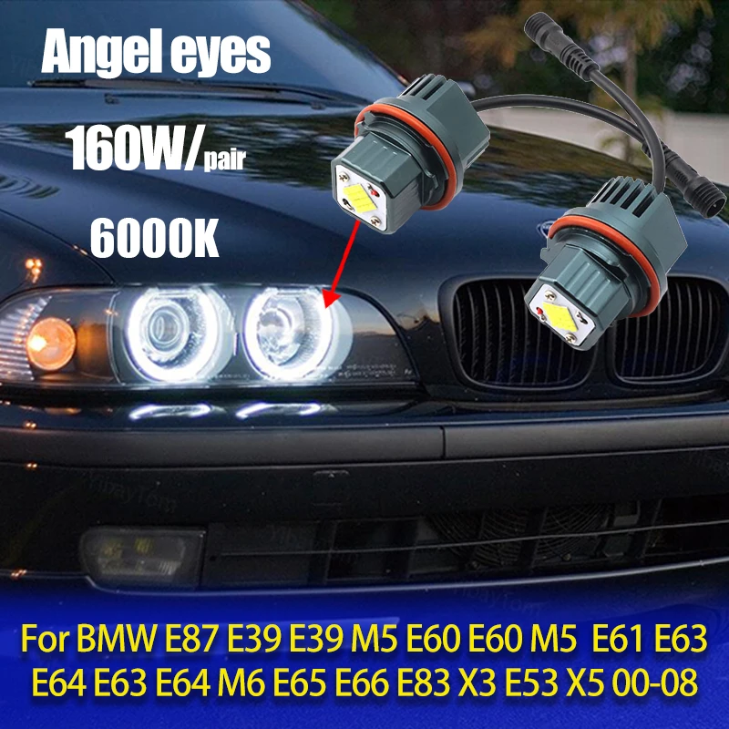 2pcs White 6000K Lamp 120W LED Angel Eyes Marker Lights Bulbs for BMW E87 E39 M5 E60 E61 E63 E64 M6 E65 E66 E83 X3 E53 X5 00-08