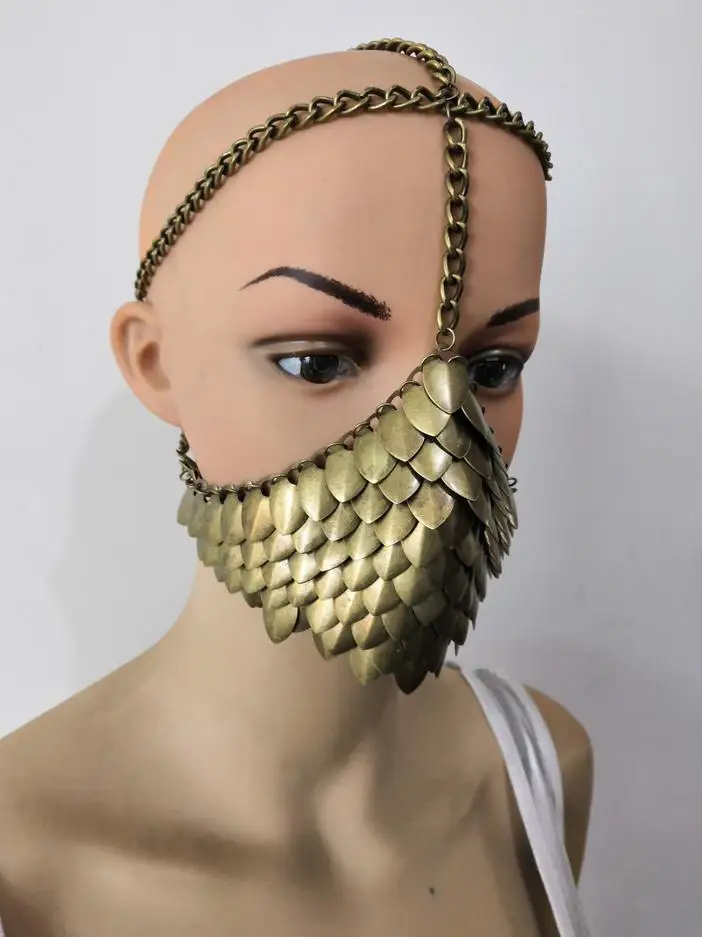 New Style Women Bronze Colour Chains Layers Fish Scale Head Unique Design Face Mask Chains Jewelry WRHE1050