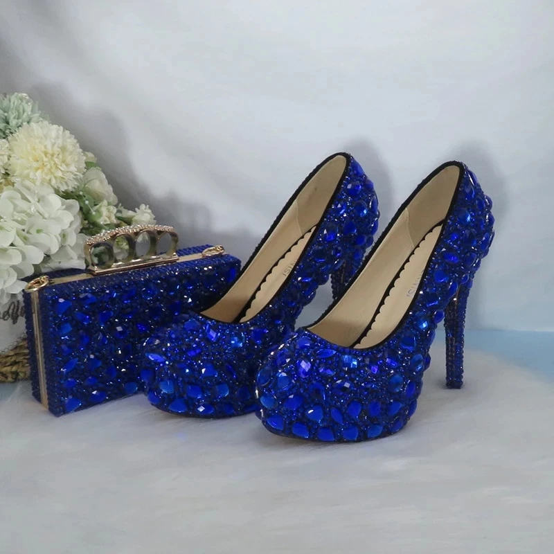 Blue Crystal Bride Wedding Shoes With Bag Set Bridesmaid Party Dress Shoes Women 14cm Super High Heels Rhinestone Pumps Handbag