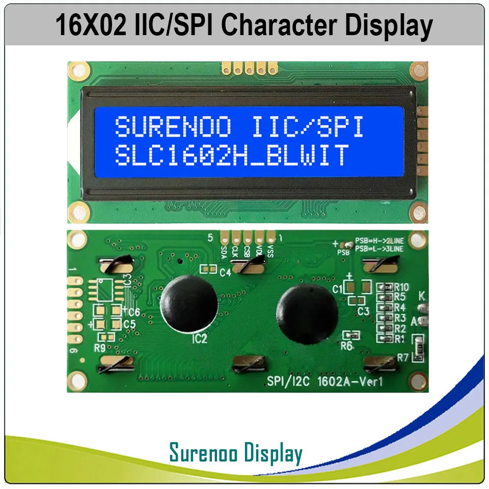Surenoo AIP31068 1602 162 16*2 Serial SPI I2C Blue Character LCD Module Display Screen LCM with LED Backlight