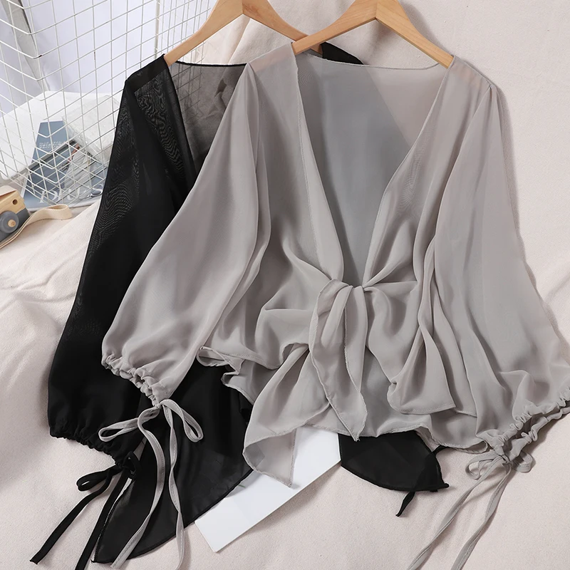 

Pearl Diary Women Spring Summer Chiffon Cardigan Plain Bow Tied Waist Transparent Hawaii Style Casual Sun Proof Cool Blouses