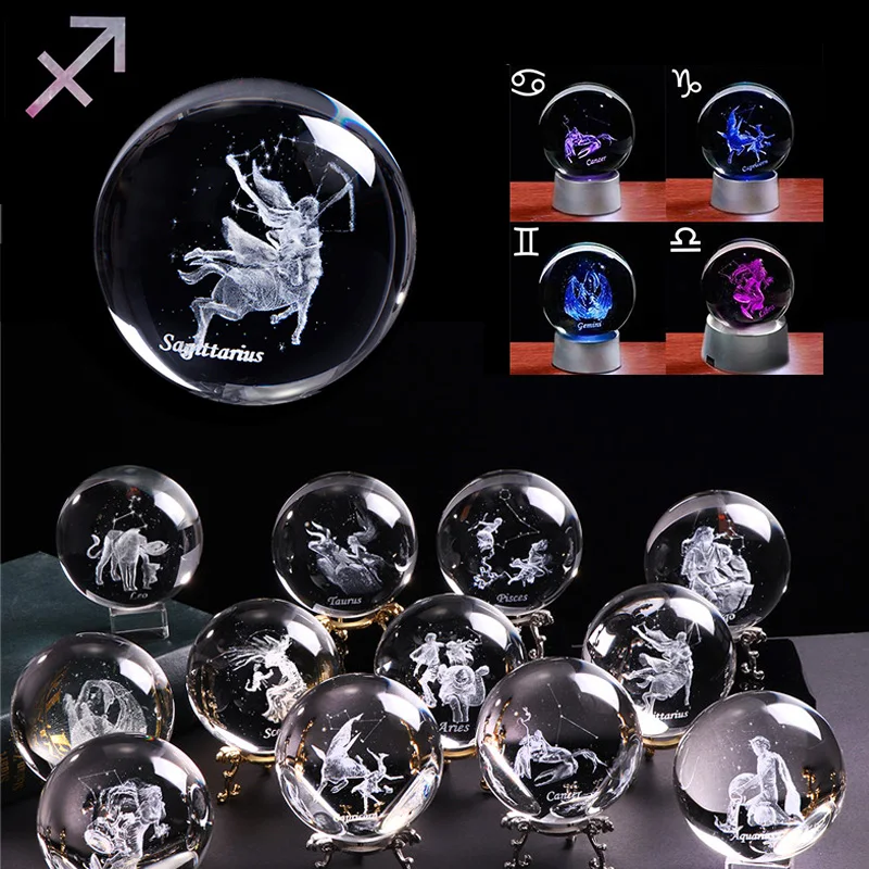 60mm/80mm 3D Zodiac Sign Star Crystal Ball Laser Engraved Glass Sphere Crystal Craft Home Decor Birthday Gifts