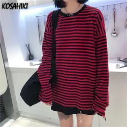 KOSAHIKI Women Long Sleeve T-shirts Loose Striped Spring Autumn All-match Tops Oversize Casual Korean Style Ulzzang Trendy Tees