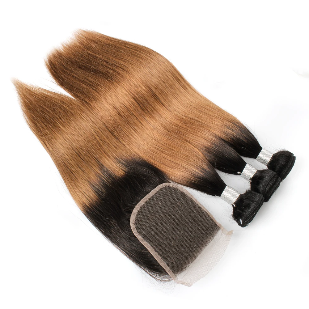 Kisshair T1B27 T1B30 hair bundles with closure honey blonde medium auburn with dark roots 4*4 Swiss lace Indian human hair weave