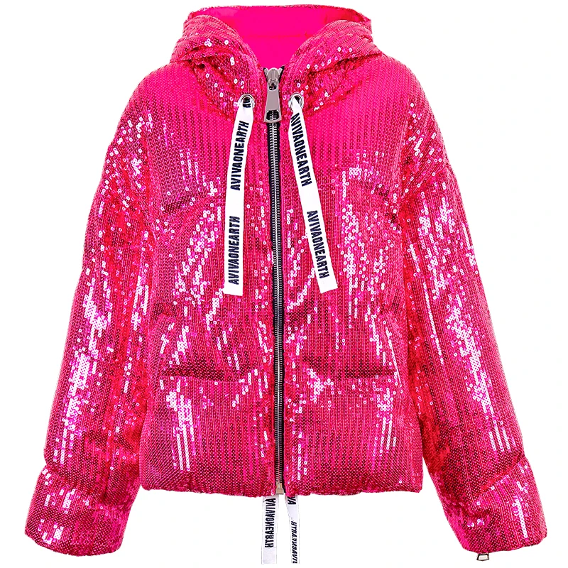 Girls Pink Full Sequins Hologram Fashion Winter Jacket Laser Symphony Glitter Sparkling Hooded Coat Cotten Blended With Ribbons