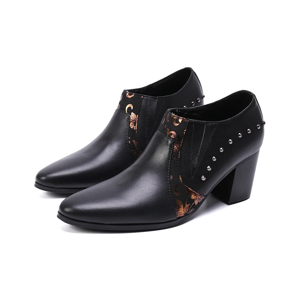 

Spring summer black genuine leather mens high heels pointed toe dress shoes studded classic slip on oxford shoes for men