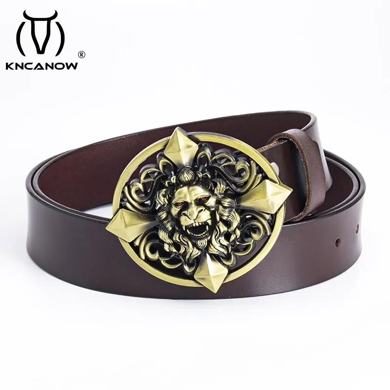 Mens Belt Lion Head Buckle Genuine Leather Straps Fashion High Quality Male Luxury Fancy Vintage Jeans Casual Pants Knight Strap