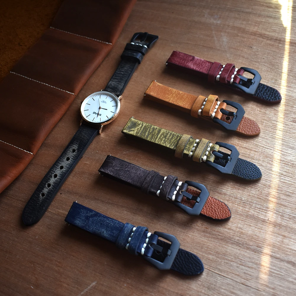 Handmade Cow Leather Watch Strap 18mm 20mm 22mm 24mm Vintage Watch Band Replacement Wristband Handmade Stitching Watchband