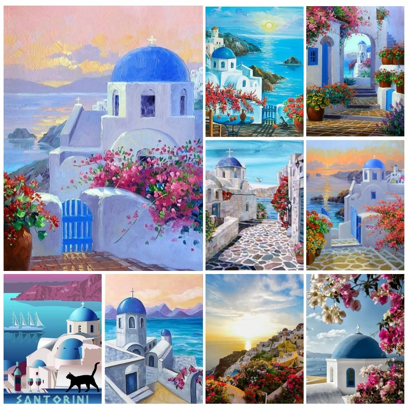 5d Diamond Painting Santorini Blue And White Church Art Greek Island Landscape Mosaic Cross Stitch Kit Poster For Home Decor