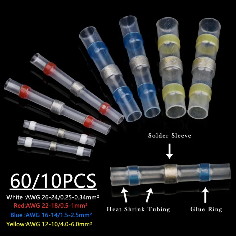 60/10pcs Solder Seal Wire Connectors Heat Shrink Solder Butt Connectors Kit Automotive Marine Insulated Solder Connector