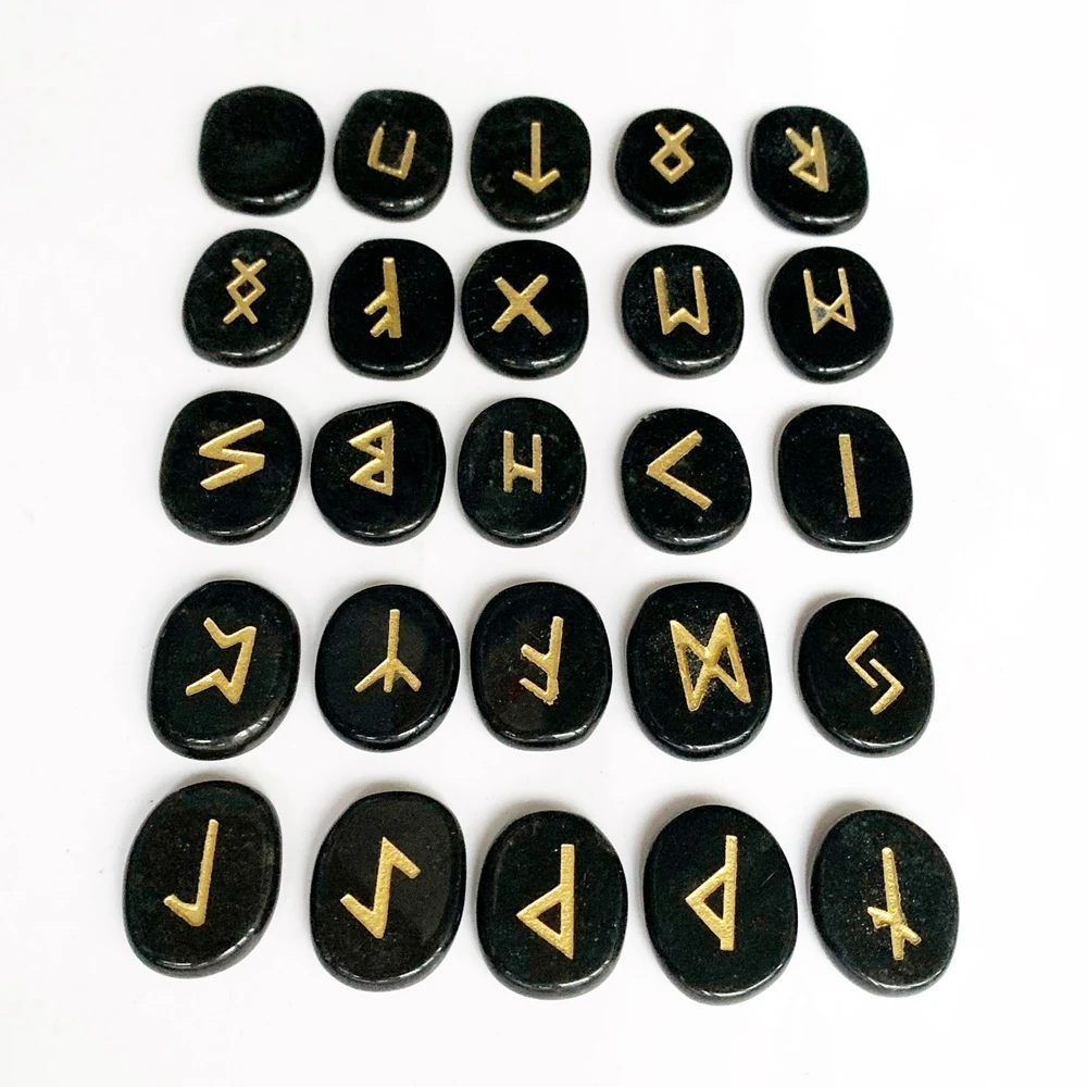 Natural Black Obsidian Palm Stones Viking Runes Amulet Divination Palmstone Crystal Nordic Runes Stones Set Symbols Crafts 25pcs