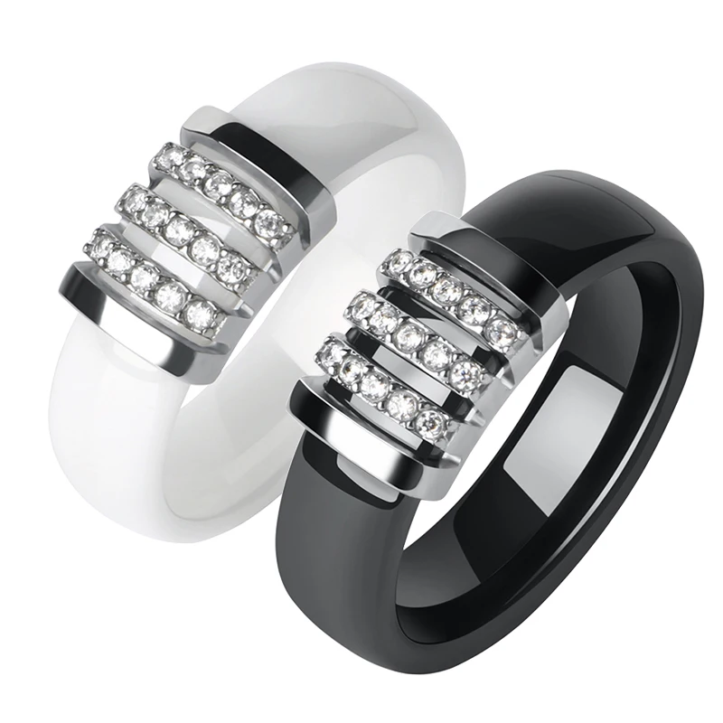 Fashion Black White Unique Rings Women 6mm Ceramic Ring For Women Pave Crystal Comfort Wedding Rings Engagement Brand Jewelry