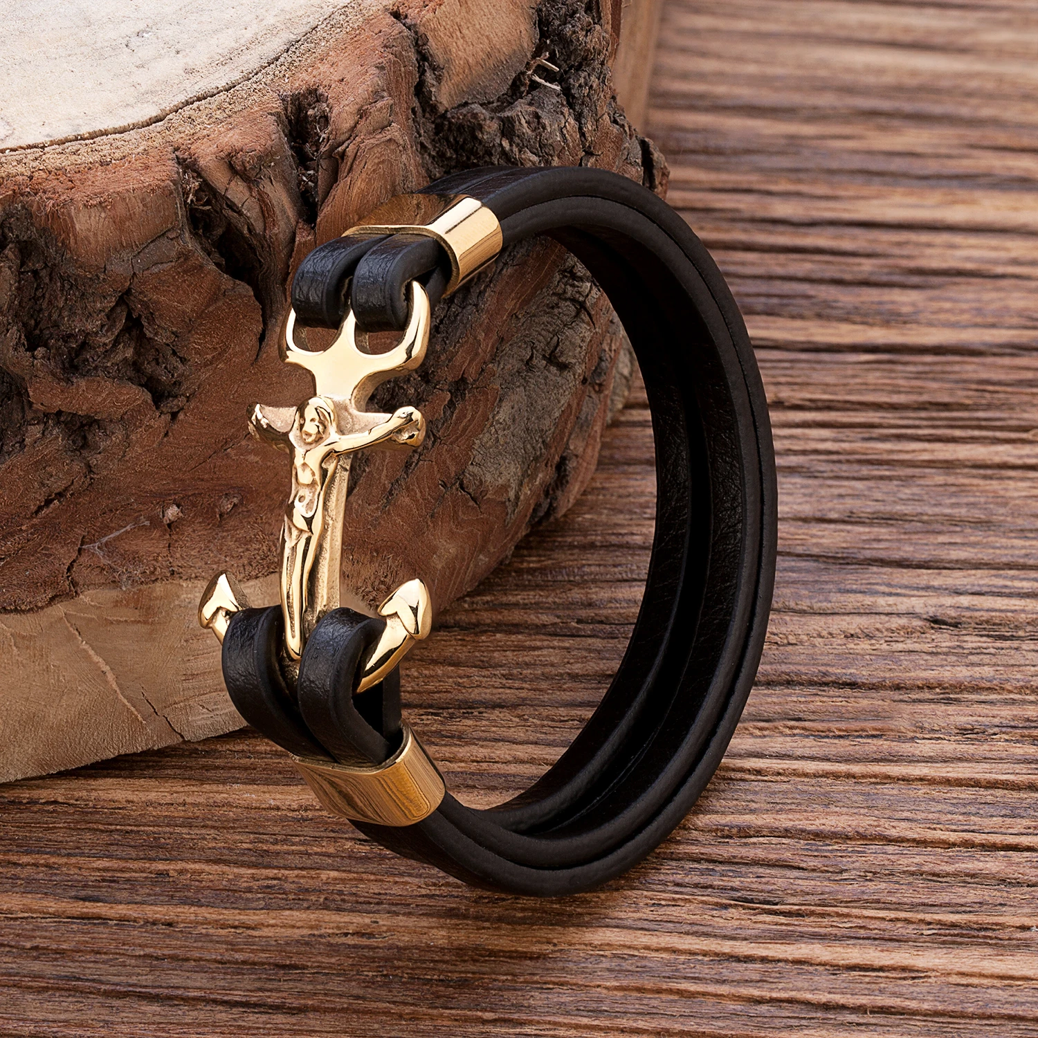 

Gold Color Anchor Bracelet multi-layer Genuine Leather Cross Religious Bracelet Male Stainless Steel Bracelets for Men jewelry
