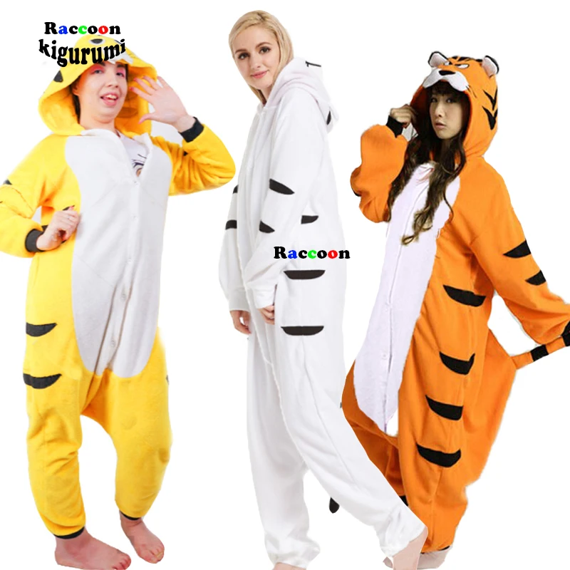 2021White Tiger Cartoon Animal Onesie Pajamas Men Cosplay Costume One-Piece Pijamas Halloween Women Sleepwear Raccoon Kigurumi