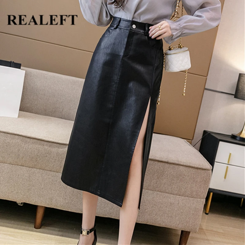 REALEFT Autumn Winter Front Split Black PU Leather Women's Skirts 2021 New High Waist A-line Skirts Mid-calf Straight Skirts