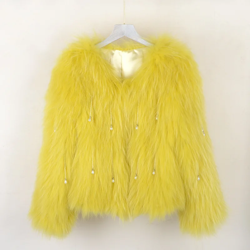 Length 50 cm women knitted real fox fur overcoat  new fashion stlye female coat Raccoon fur Hand woven coat beads detachable