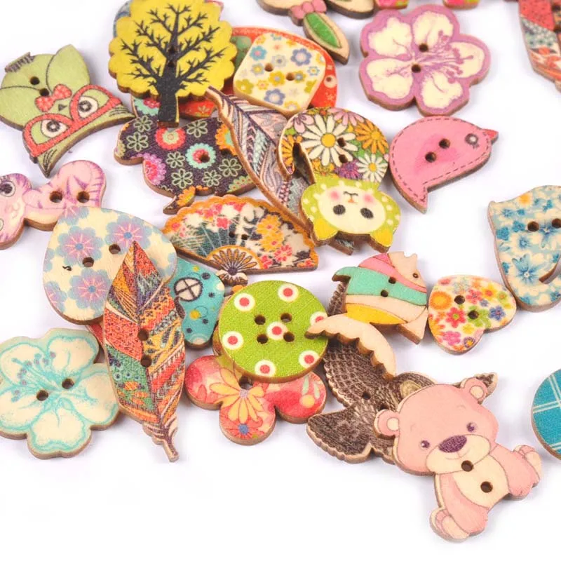 2 Hole Vintage Mixed Cartoon Painting Wooden Buttons For Clothes Sewing Crafts Scrapbooking DIY Kid Apparel Supplies 25pcs m1893