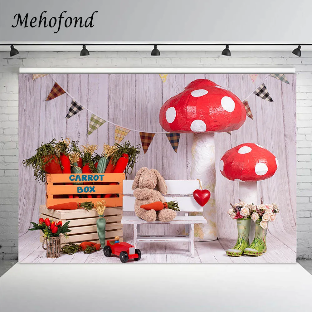 Mehofond Spring Wood Carrot Box Backdrop Happy Easter Mushroom Rabbit Baby Shower Photography Background Photo Studio Photophone