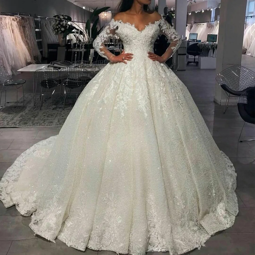 

Elegant Lace Princess Wedding Dresses Full Sleeves V Neck Applique Ball Gown Bridal Gown Lace Up Sweep Train vestidos de fiesta