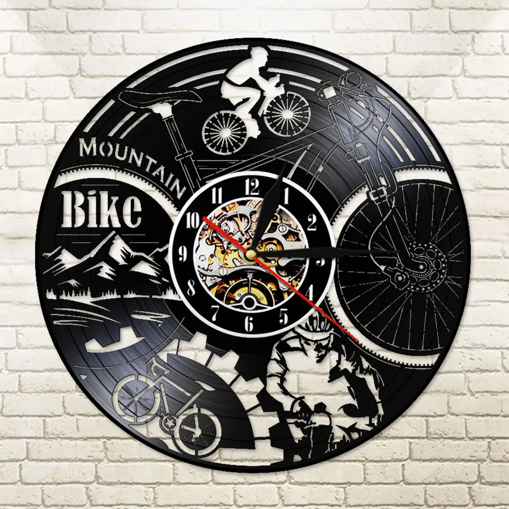 Mountain Bike Vinyl Record Wall Clock Cycling Bikers Decorative Silent Quartz Clock Cyclist Biker Gifts Wall Art Hanging Decor