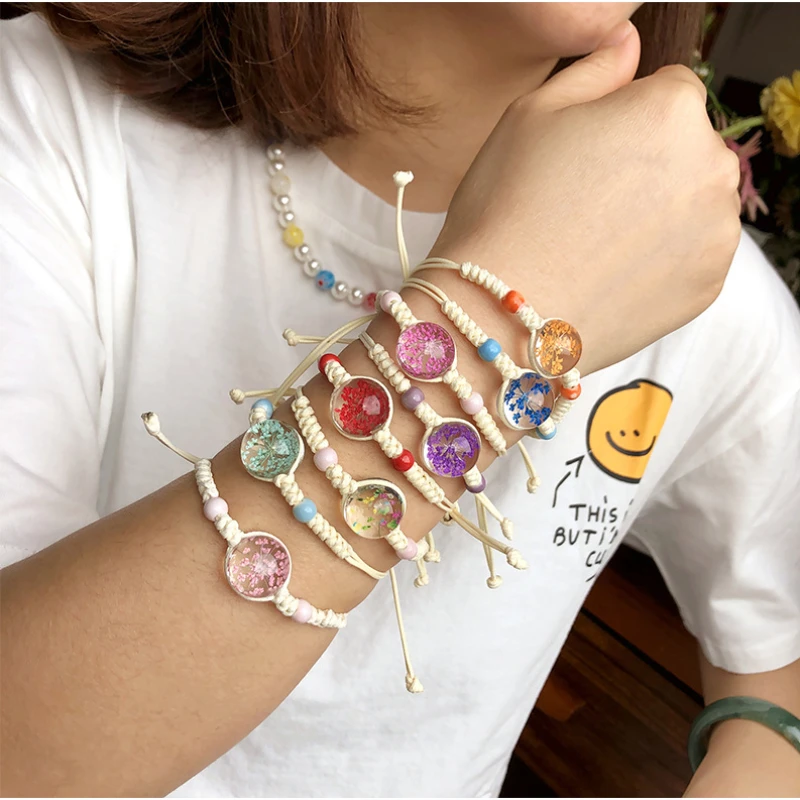 Meetvii Cute Dried Flower Charm Bracelets Hand-made Transparent Glass Ball Bracelets Girl Immortal Flower Weave Rope Jewelry