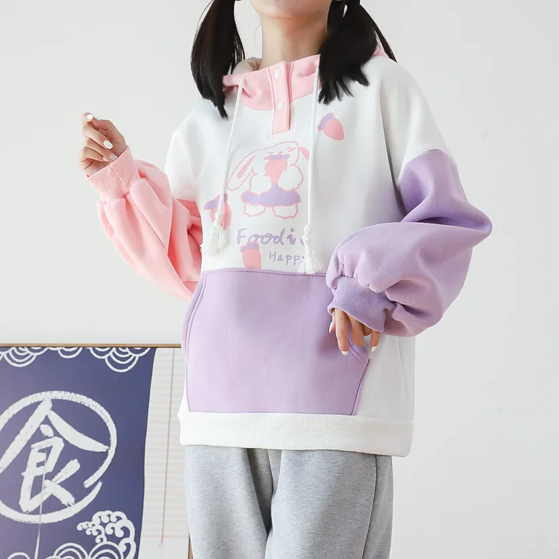 Sudadera con capucha de conejo Kawaii Harajuku para mujer, sudadera con gráfico de Anime, ropa de invierno para niñas adolescentes, rosa, púrpura,