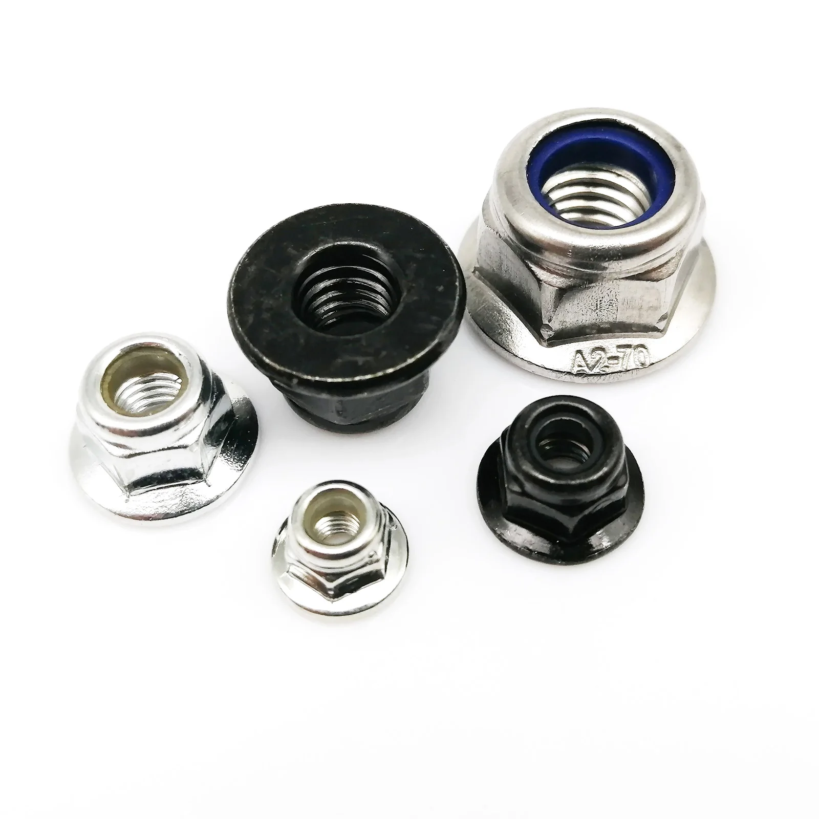 M3 M4 M5 M6 M8 M10 M12 Sechskant-Flanschmuttern aus schwarzem Kohlenstoffstahl und 304 Edelstahl mit Selbstsicherung und Nyloneinsatz – Detail 5